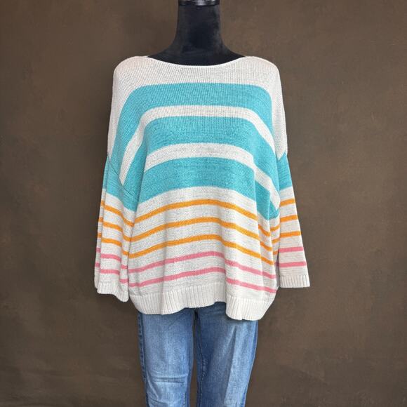 LOFT Striped Lightweight Cotton Sweater Boatneck Pullover Multi-Color Women’s L - Picture 2 of 10